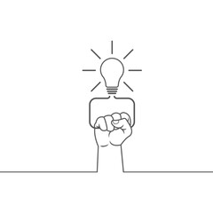 Continuous line drawing. Hands palms together with light bulb. Vector illustration. hand hold on big idea