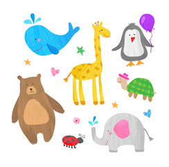 Drawings of animals for children. Vector animals drawn in kid's style. Whale, giraffe, penguin, turtle, bear, ladybug, elephant.
