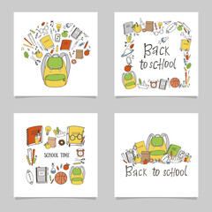 Set of hand drawn school greeting cards with School time lettering. Cartoon style. Isolated objects.