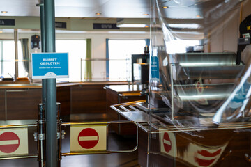 Closed bar on public ferry corona virus protection shields plastic