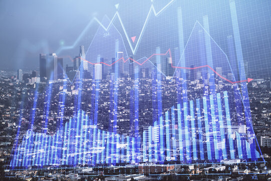 Forex chart on cityscape with skyscrapers wallpaper double exposure. Financial research concept.
