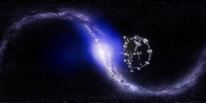 ISS in virtual reality 360 degree video. International Space Station Orbiting Earth. Elements of this image furnished by NASA