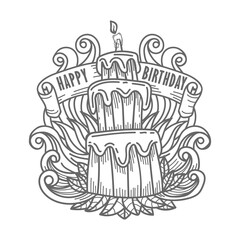 hand drawing happy birthday cake with floral concept. greeting card. vector illustration 