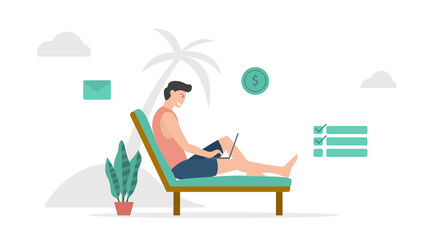 digital nomad freelancer work on beach with modern flat style and minimalist green color theme