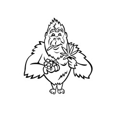 Gorilla Holding Blueberry and Cannabis Leaf Cartoon Mascot Black and White