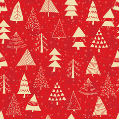 Obraz premium Merry Christmas, Happy New Year seamless pattern with trees for greeting cards, wrapping paper. Doodles. Seamless colorful winter pattern on red background. Vector illustration.