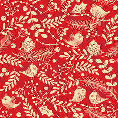 Fototapeta premium Merry Christmas, Happy New Year seamless pattern with balls for greeting cards, wrapping papers. Doodles. Seamless colorful winter pattern on red background. Vector illustration.