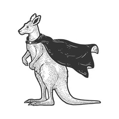 kangaroo in superhero cloak cape sketch engraving vector illustration. T-shirt apparel print design. Scratch board imitation. Black and white hand drawn image.