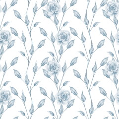 Monochrome seamless pattern of blue leaves and flowers on white