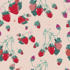 Vector seamless pattern with strawberries pink background