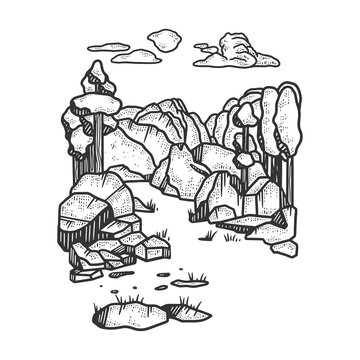 Mountain landscape sketch engraving vector illustration. T-shirt apparel print design. Scratch board imitation. Black and white hand drawn image.