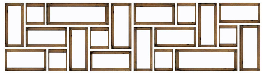 Collage set of empty wooden picture Frame / photo frame, with copy space, isolated on white wall...