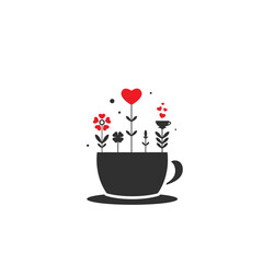 cup with hearts, flowers and sprouts icon. Mug with tea or coffee icon flat.