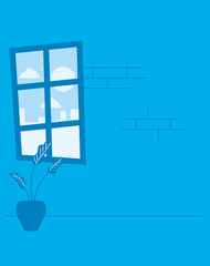 Blue room with window and plant inside pot vector design
