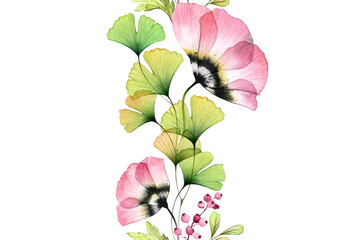 Watercolor tulips seamless border. Vertical repetitive pattern. Abstract pink flowers with ginkgo eaves on white. Botanical illustration for cards, wedding design