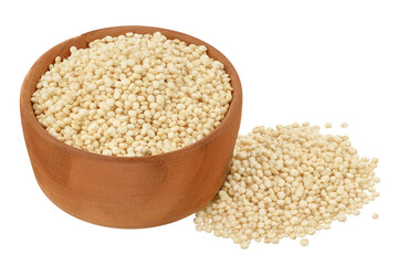 white quinoa seeds in wooden bowl isolated on white background with clipping path and full depth of field