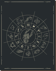 Astrology horoscope circle with zodiac signs vector background. Form symbol horoscope calendar, collection zodiacal animals illustration. Zodiac Signs