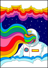Astronaut and Rainbow, Psychedelic Art Style Illustration, Psychedelic Space Poster