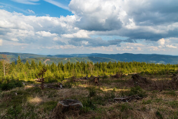 View from forest glade bellow Travny hill in Moravskoslezske Beskydy mountains in Czech republic