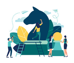 Vector business illustration, businessmen plan a business plan strategy, concept of strategic movement, great chess