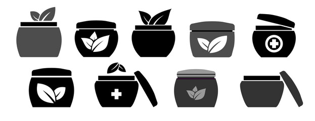Set Vector icons of jars with natural cream. Icon environmental skin cream.