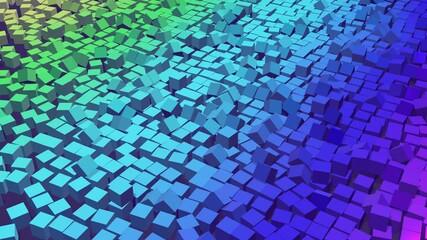 acid colors looped digital animation, surface made of small cubes breaking by a force and then builds up back