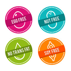 Set of Allergen free Badges. Egg free, Nut free, No Trans Fat, Soy free. 