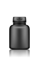 Black plastic jar mockup isolated on white background. Packaging design. Blank sport or dietary nutrition, healthcare, medicine or dry products bottle template. 3d realistic vector illustration