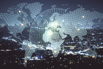 Double exposure of business theme hologram drawing and city veiw background. Concept of success.