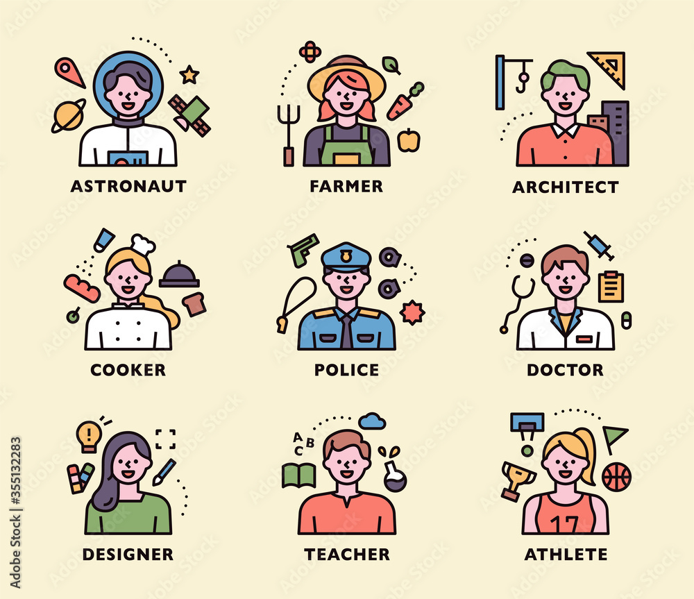 Poster characters and icons of various professions in outline style.