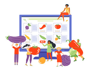Online order of fresh vegetables on the grocery store website. Male and female characters are shopping via web. Selling products in an online supermarket. Diet and healthy eating. Vector illustrations