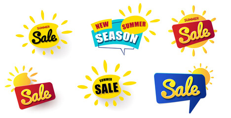 Big Set Web Banner summer sale. Vector summer background for your discount. Promotion Icon Offer. Red Speech bubble. Vector banner in modern flat style on white.