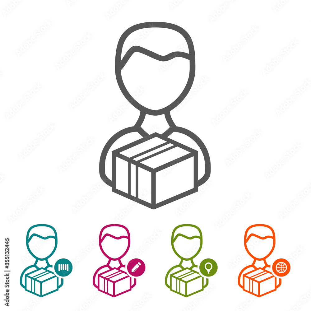 Aufkleber man with package icons in thin line style and flat design.