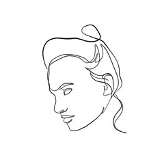 Minimal line vector woman. Linear glamour portrait woman. Portrait profile of girl. Linear glamour logo in minimal style for beauty salon, beautician, makeup artist, stylist. Hand drawn art.