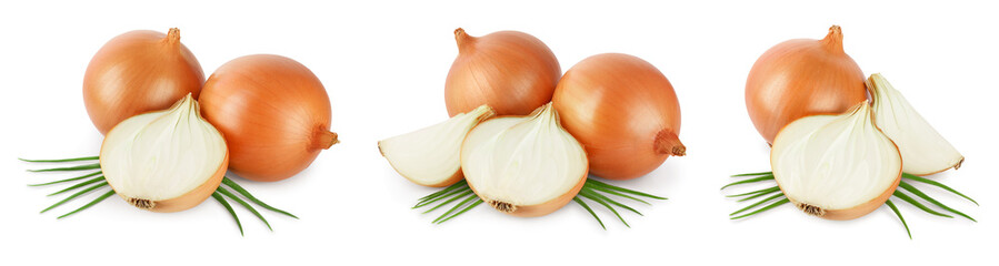 yellow onion isolated on white background close up. Set or collection