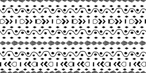 Black hand drawn stripes seamless monohrome pattern. Different elements