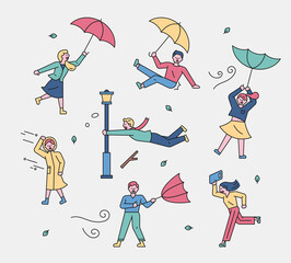 flat design style minimal vector illustration. It was raining and typhoons blowing, so people who were wearing umbrellas were flying. - obrazy, fototapety, plakaty