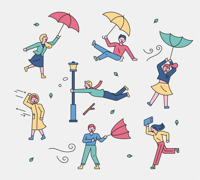 flat design style minimal vector illustration. It was raining and typhoons blowing, so people who were wearing umbrellas were flying.