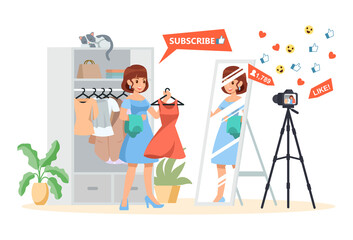 Female streaming Fashion video bloggers at home. Vlogger making clothing, dress, online shopping content. Famous creative influencers. Vector illustration flat design for banner, and website.