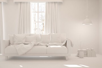 Stylish minimalist room with sofa in white color. Scandinavian interior design. 3D illustration