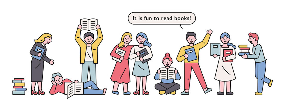 People are standing in line and reading books. hand drawn style vector design illustrations. 