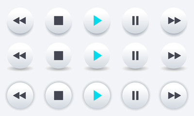 Media player icons set. Buttons for controlling a video or music audio player. White volumetric 3d isolated buttons pack. Play, stop, pause, next, rewind, music player icon.