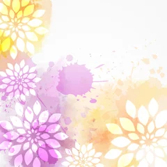 Deurstickers Abstract background with watercolor colorful splashes and flowers. Purple and yellow colored. Template for your designs, such as wedding invitation, greeting card, posters, etc. © Artlana