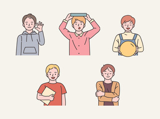 Fototapeta premium various cute young boy character set. flat design style minimal vector illustration.