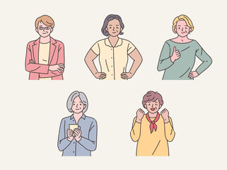 various style fashion old woman character set. flat design style minimal vector illustration.