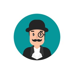 Gentleman avatar in blue circle. Man's head with moustache, lorgnette glasses and bowler hat.