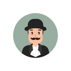 Gentleman avatar in green circle. Man's head with moustache and bowler hat.