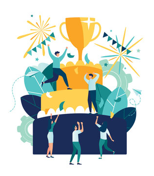 Vector business illustration, leadership qualities in a creative team, direction to a successful path, little people standing on a large cake are happy for the winner, a successful career path, a corp