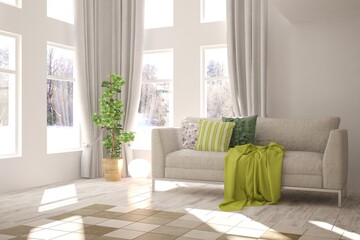 Naklejka premium White stylish minimalist room with sofa. Scandinavian interior design. 3D illustration