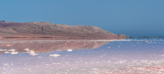 Brine and salt of a pink lake Koyash colored by microalgae Dunaliella salina, famous for its...